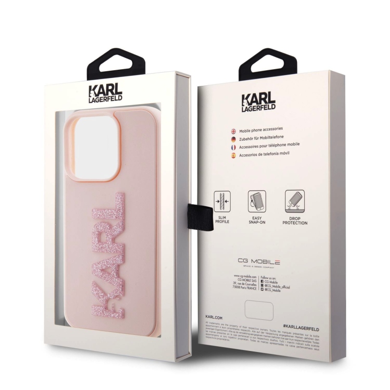 Karl Lagerfeld 3D gumiból készült csillogó logó Karl Karl hátlap iPhone 15 Pro Max rózsaszínhez