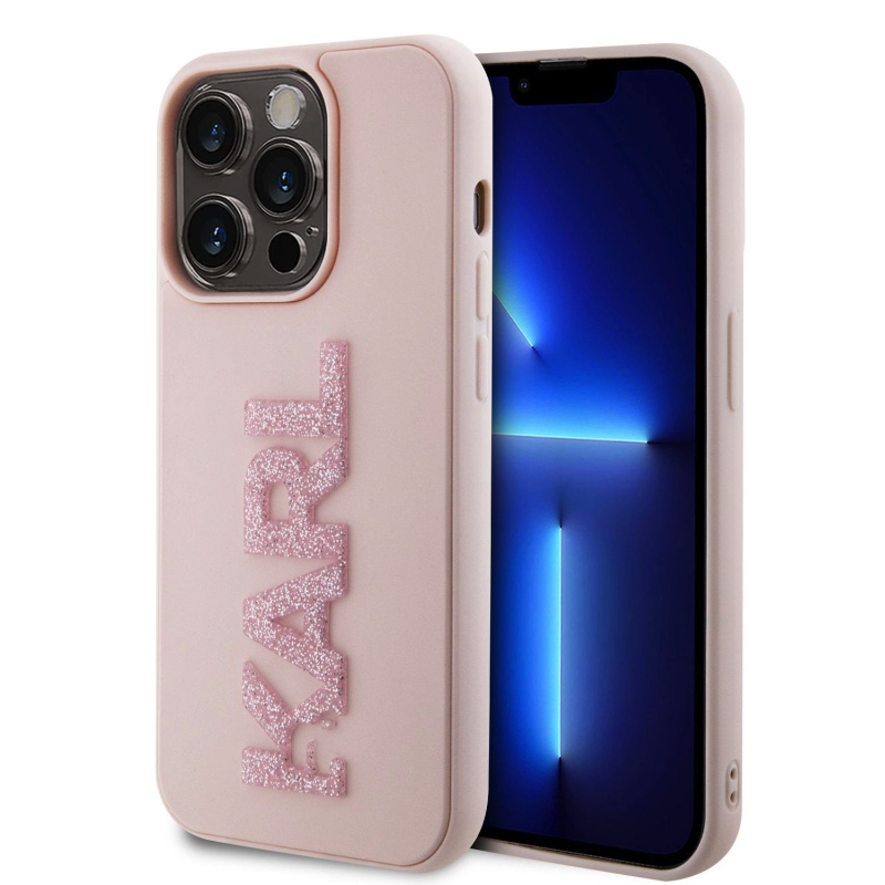 Karl Lagerfeld 3D gumiból készült csillogó logó Karl Karl hátlap iPhone 15 Pro Max rózsaszínhez