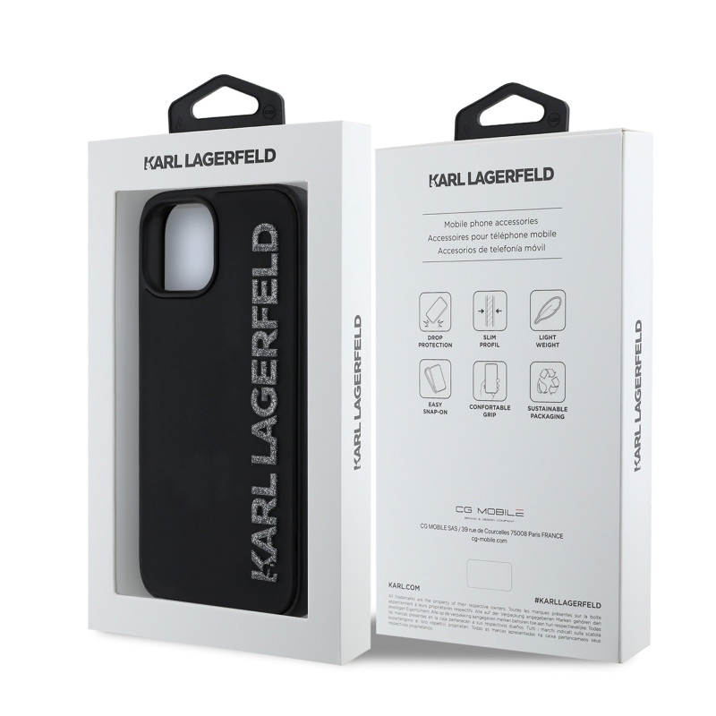 Karl Lagerfeld 3D gumiból készült, csillogó logós hátlap iPhone 14 készülékhez Fekete