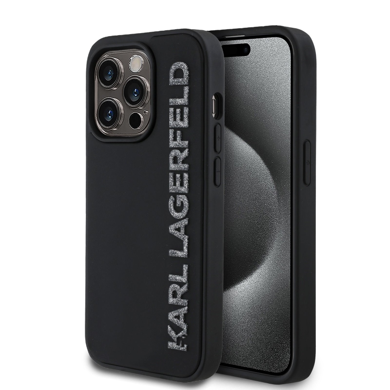 Karl Lagerfeld 3D gumiból készült csillogó logós hátlap iPhone 14 Pro fekete színűre