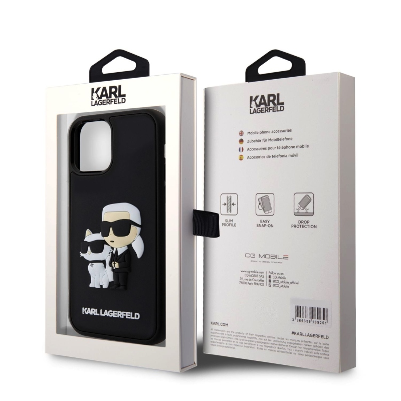 Karl Lagerfeld 3D gumiból készült Karl és Choupette hátlap iPhone 12/12 Pro fekete színűre
