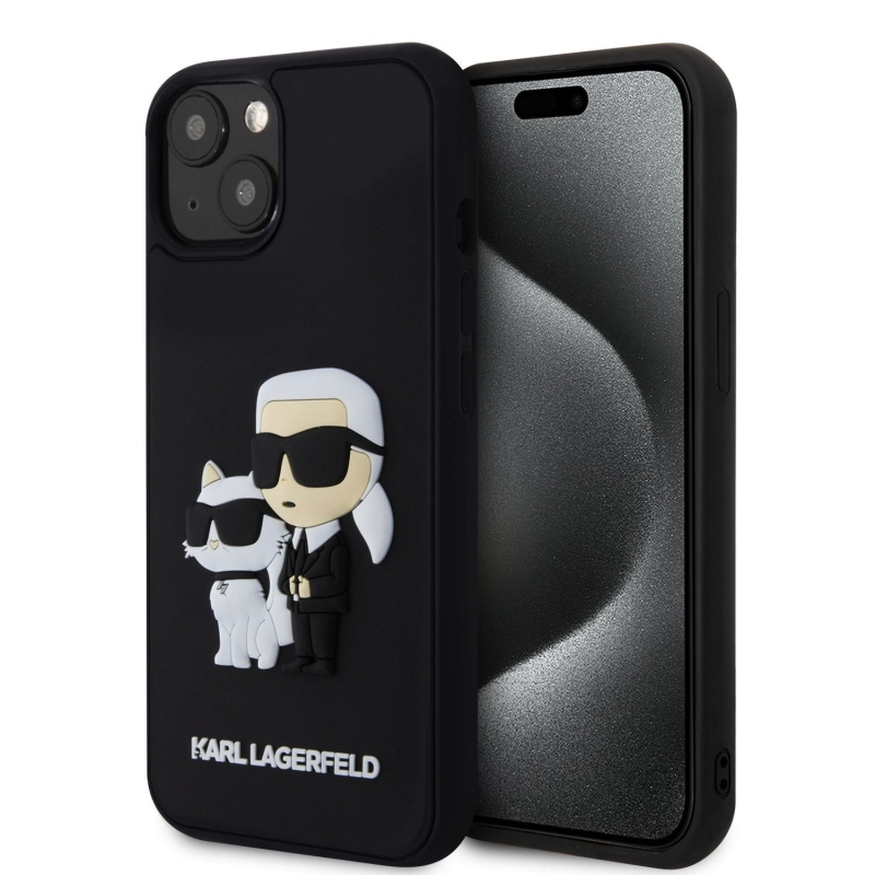 Karl Lagerfeld 3D gumiból készült Karl és Choupette hátlap iPhone 13 készülékhez Fekete
