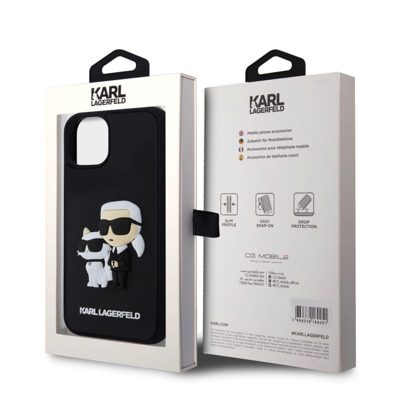 Karl Lagerfeld 3D gumiból készült Karl és Choupette hátlap iPhone 13 készülékhez Fekete
