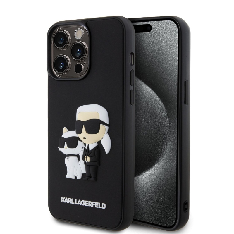 Karl Lagerfeld 3D gumiból készült Karl és Choupette hátlap iPhone 13 Pro Max készülékhez Fekete