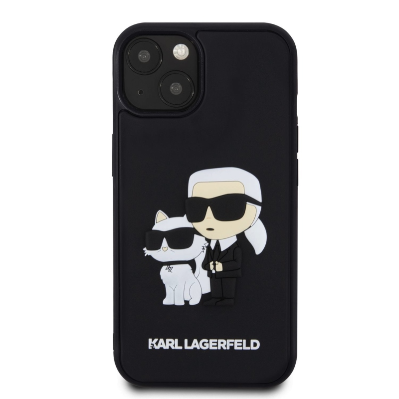 Karl Lagerfeld 3D gumiból készült Karl és Choupette hátlap iPhone 15 készülékhez Fekete