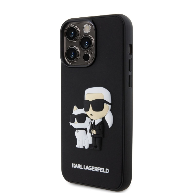 Karl Lagerfeld 3D gumiból készült Karl és Choupette hátlap iPhone 15 Pro Max készülékhez Fekete