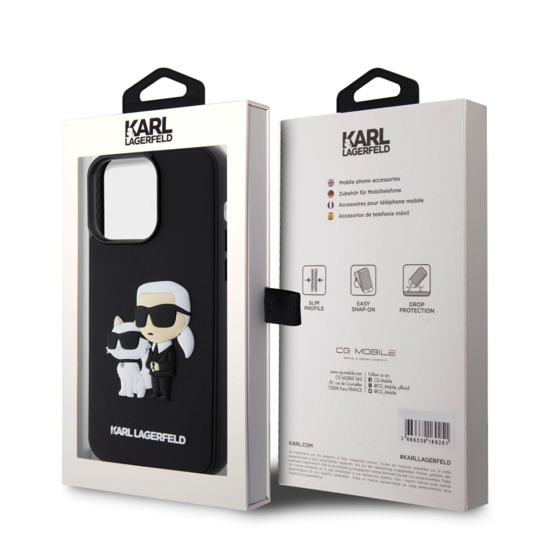 Karl Lagerfeld 3D gumiból készült Karl és Choupette hátlap iPhone 15 Pro Max készülékhez Fekete