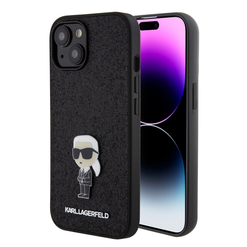 Karl Lagerfeld Fixed Glitter Metal Ikonik hátlap iPhone 15-hez Fekete
