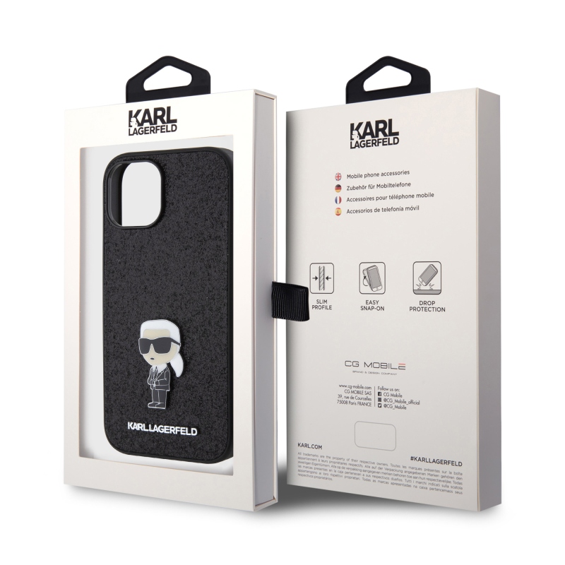 Karl Lagerfeld Fixed Glitter Metal Ikonik hátlap iPhone 15-hez Fekete
