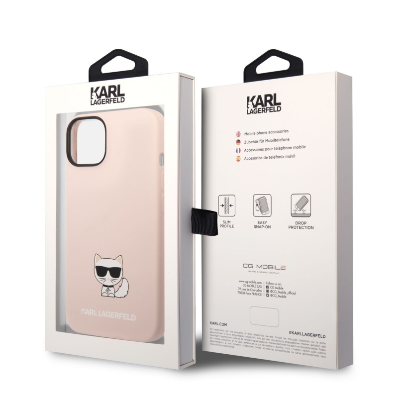 Karl Lagerfeld folyékony szilikon Choupette hátlap iPhone 14 Plus rózsaszínű készülékre