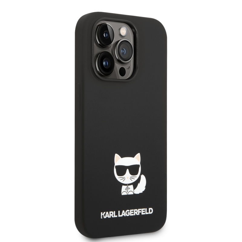 Karl Lagerfeld folyékony szilikon Choupette hátlap iPhone 14 Pro Max-hoz Fekete
