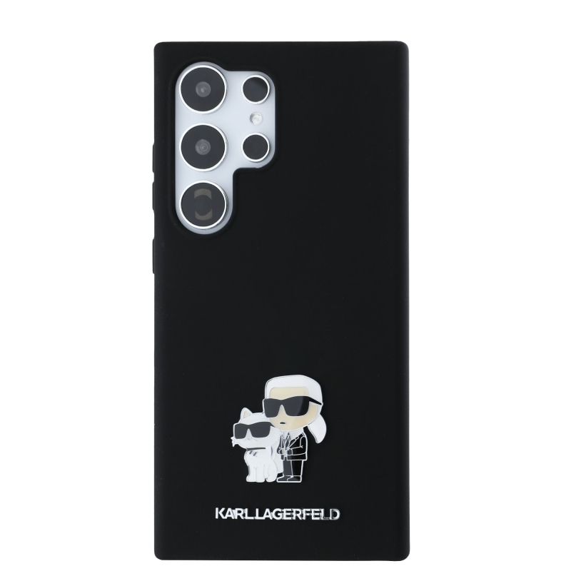 Karl Lagerfeld Folyékony szilikon fém Karl és Choupette hátlap Samsung Galaxy S24 Ultra fekete