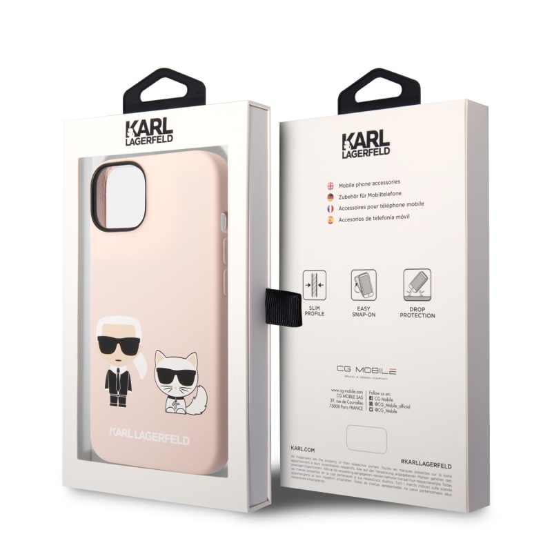 Karl Lagerfeld MagSafe Cover folyékony szilikon Karl és Choupette az iPhone 14 Plus rózsaszínű készülékhez