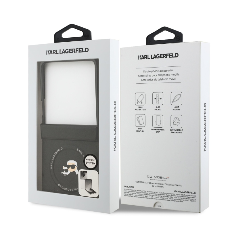 Karl Lagerfeld PU Karl és Choupette fejek mágneses hátsó borító Samsung Galaxy Z Flip 7 fekete