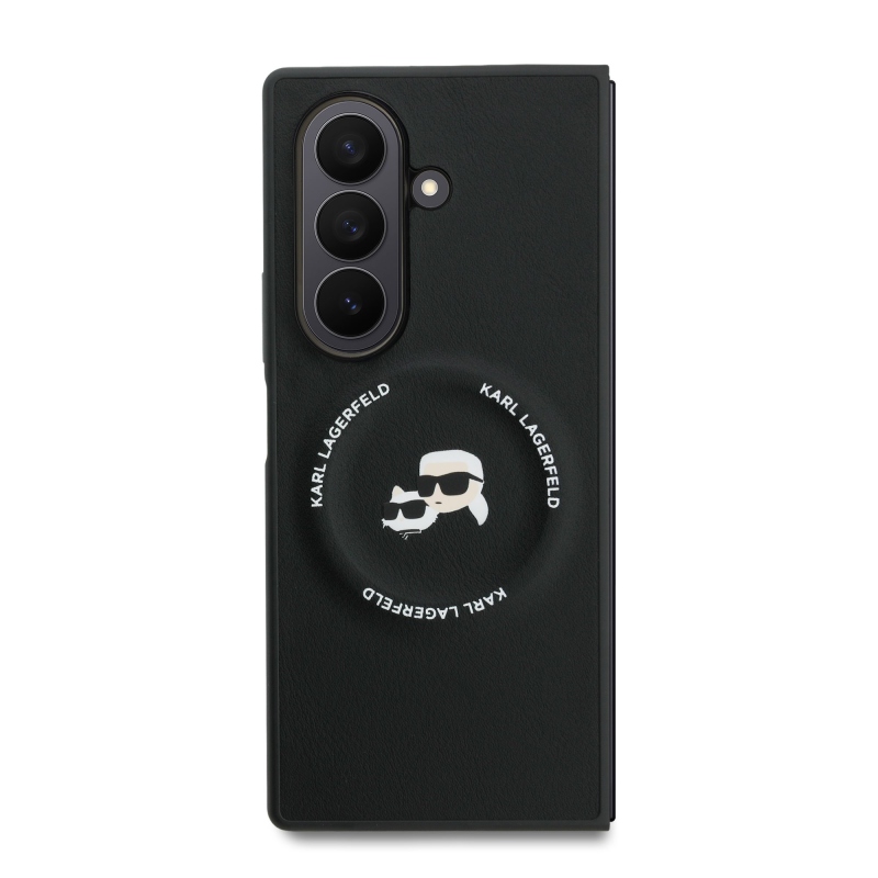 Karl Lagerfeld PU Karl és Choupette fejek mágneses hátlap a Samsung Galaxy Z Fold 7-hez fekete