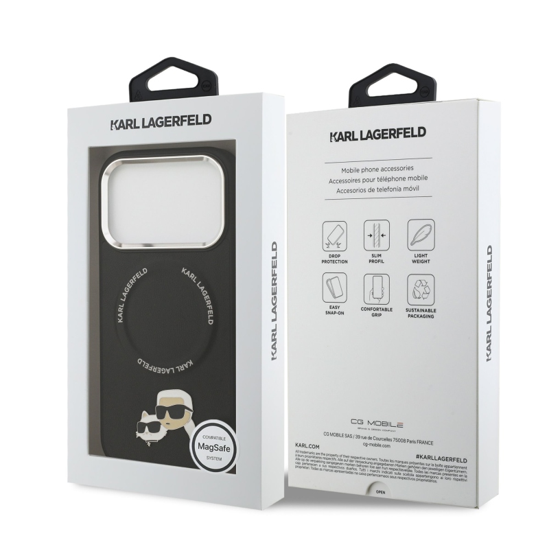 Karl Lagerfeld PU Karl és Choupette fejek tűk MagSafe hátlap iPhone 17 Pro fekete színű borítóhoz