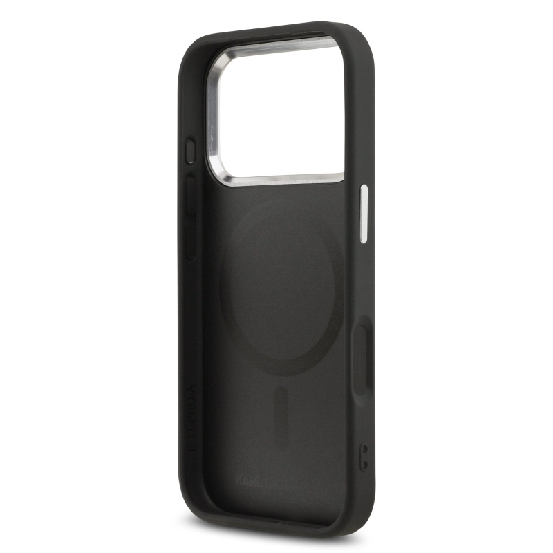 Karl Lagerfeld PU Karl és Choupette fejek díszítéssel, MagSafe hátlap iPhone 17 Pro Maxhoz, fekete