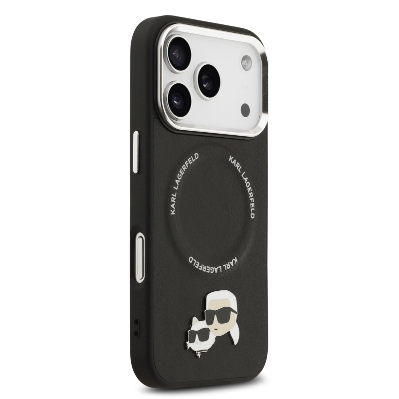 Karl Lagerfeld PU Karl és Choupette fejek díszítéssel, MagSafe hátlap iPhone 17 Pro Maxhoz, fekete