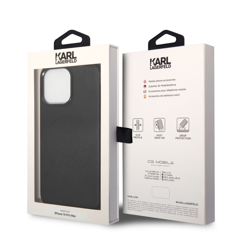 Karl Lagerfeld PU bőr perforált logós hátlap iPhone 14 Pro Max-hoz Fekete