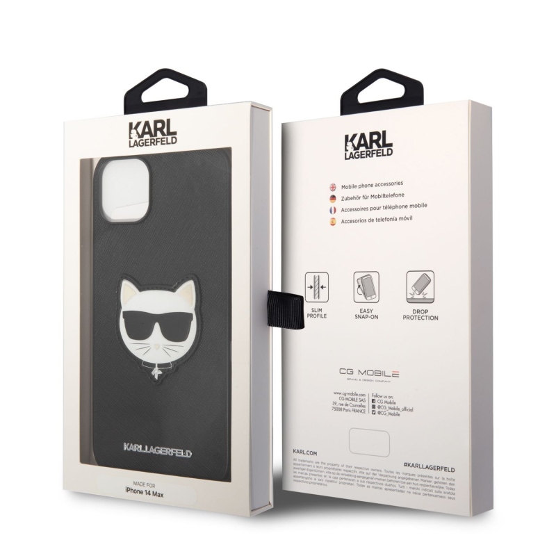 Karl Lagerfeld PU Saffiano Choupette Head hátlap iPhone 14 Plus készülékhez fekete