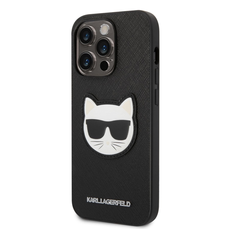 Karl Lagerfeld PU Saffiano Choupette Head hátlap iPhone 14 Pro fekete színűre
