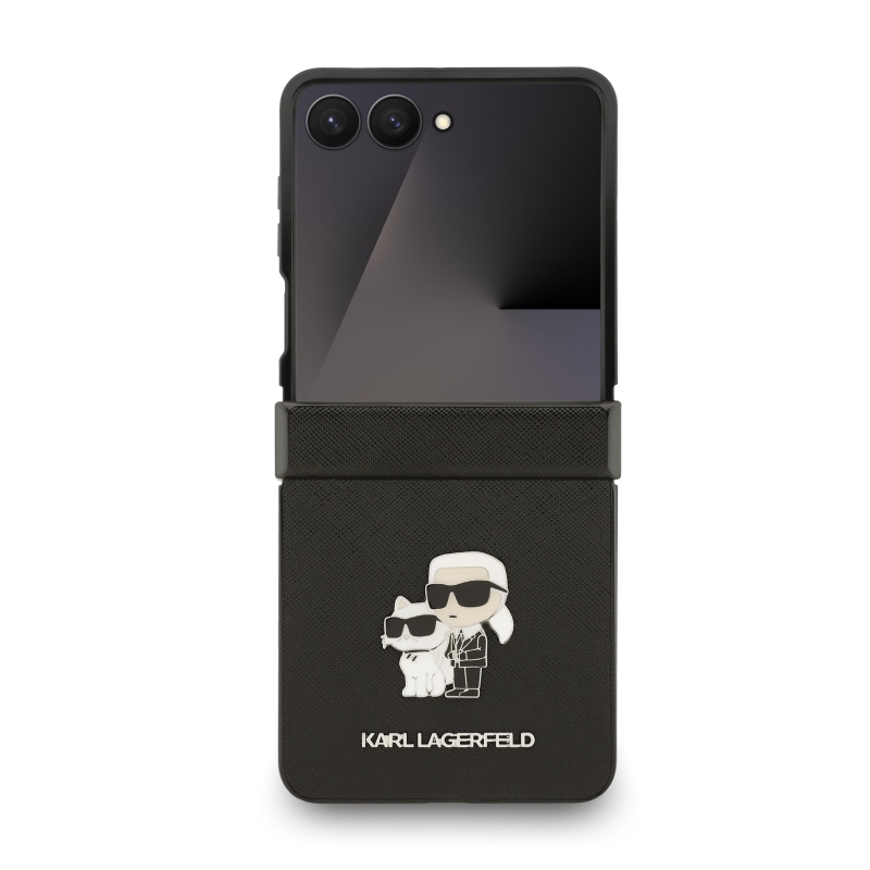 Karl Lagerfeld PU Saffiano Karl and Choupette hátlap Samsung Galaxy Z Flip 7 készülékhez, fekete