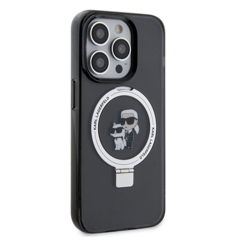 Karl Lagerfeld Ringstand Karl és Choupette MagSafe hátlapi borító iPhone 15 Pro-hoz Fekete