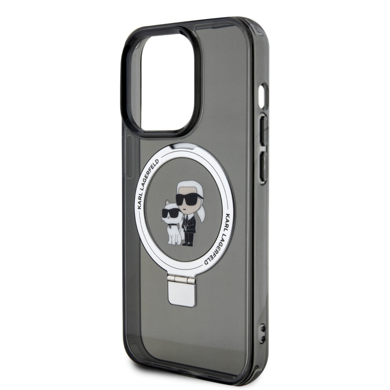 Karl Lagerfeld Ringstand Karl és Choupette MagSafe hátlapi borító iPhone 15 Pro-hoz Fekete