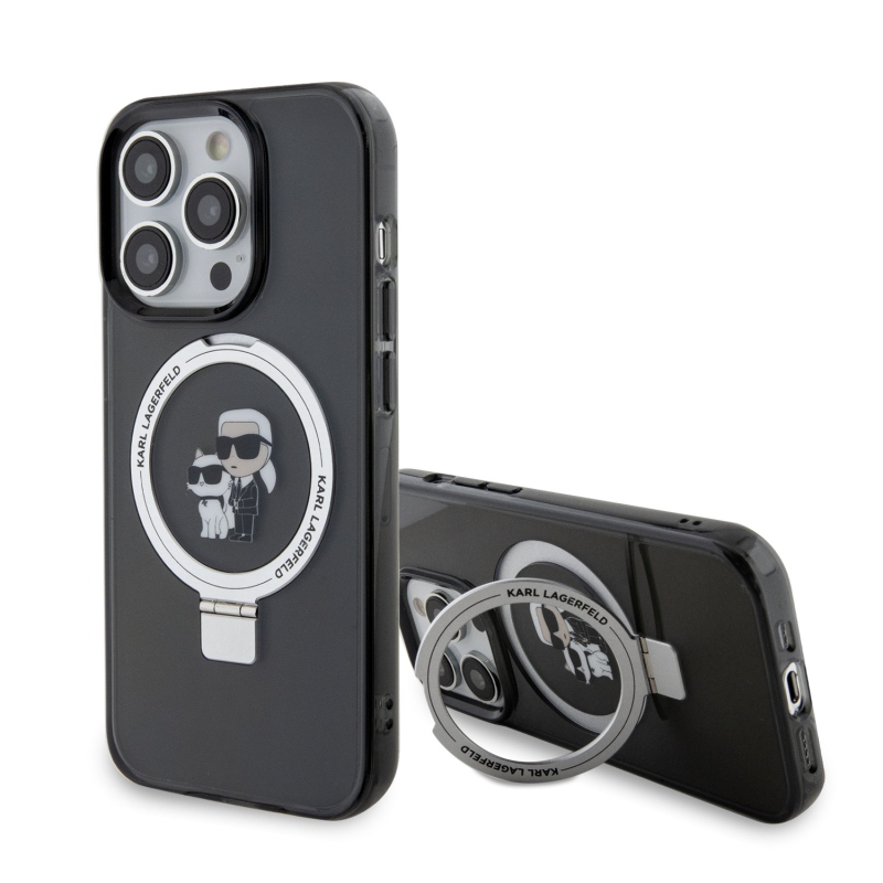Karl Lagerfeld Ringstand Karl és Choupette MagSafe hátlapi borító iPhone 15 Pro-hoz Fekete