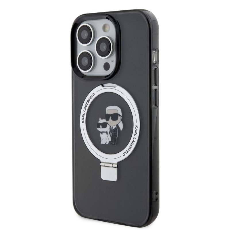 Karl Lagerfeld Ringstand Karl és Choupette MagSafe hátlapi borító iPhone 15 Pro-hoz Fekete