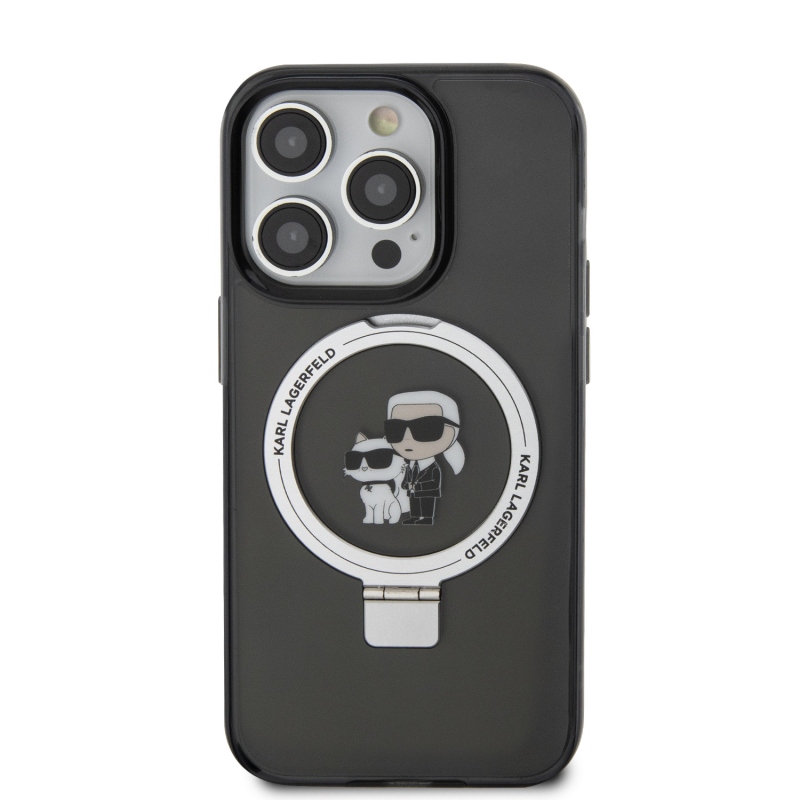 Karl Lagerfeld Ringstand Karl és Choupette MagSafe hátlapi borító iPhone 15 Pro-hoz Fekete