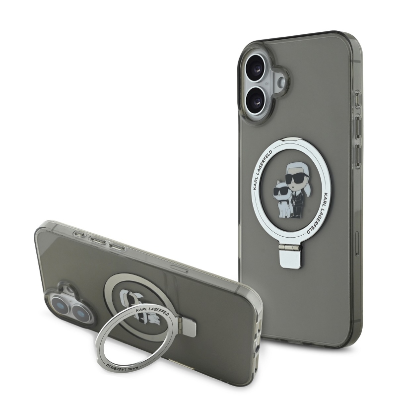 Karl Lagerfeld Ringstand Karl és Choupette MagSafe hátlapi borító iPhone 16 Plus készülékhez Fekete
