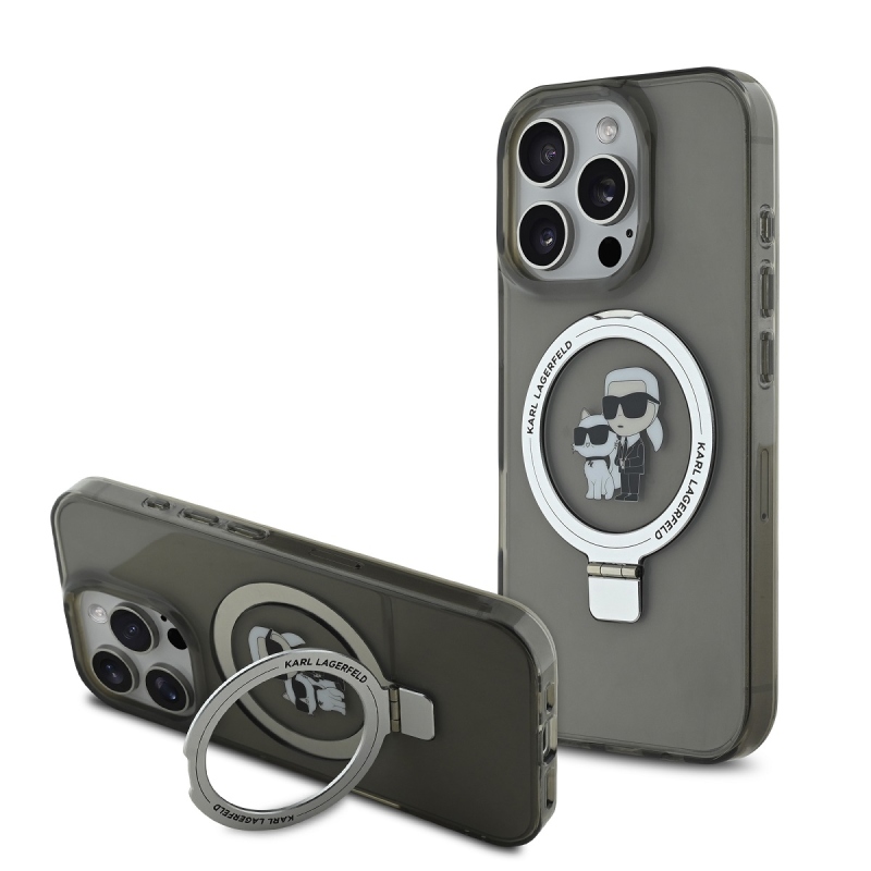 Karl Lagerfeld Ringstand Karl és Choupette MagSafe hátlapi borító iPhone 16 Pro-hoz Fekete