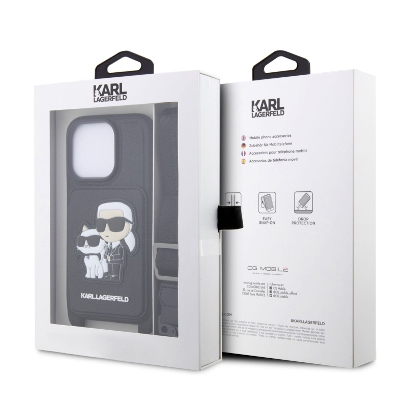 Karl Lagerfeld Saffiano Crossbody Karl és Choupette NFT borító iPhone 14 Pro Max-hoz Fekete