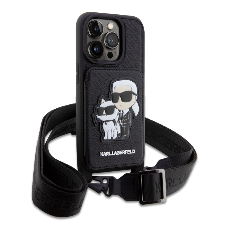Karl Lagerfeld Saffiano Crossbody Karl és Choupette NFT borító iPhone 14 Pro Max-hoz Fekete
