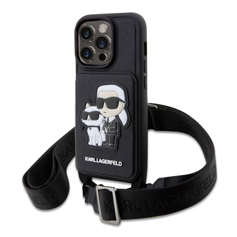 Karl Lagerfeld Saffiano Crossbody Karl és Choupette NFT borító iPhone 14 Pro Max-hoz Fekete
