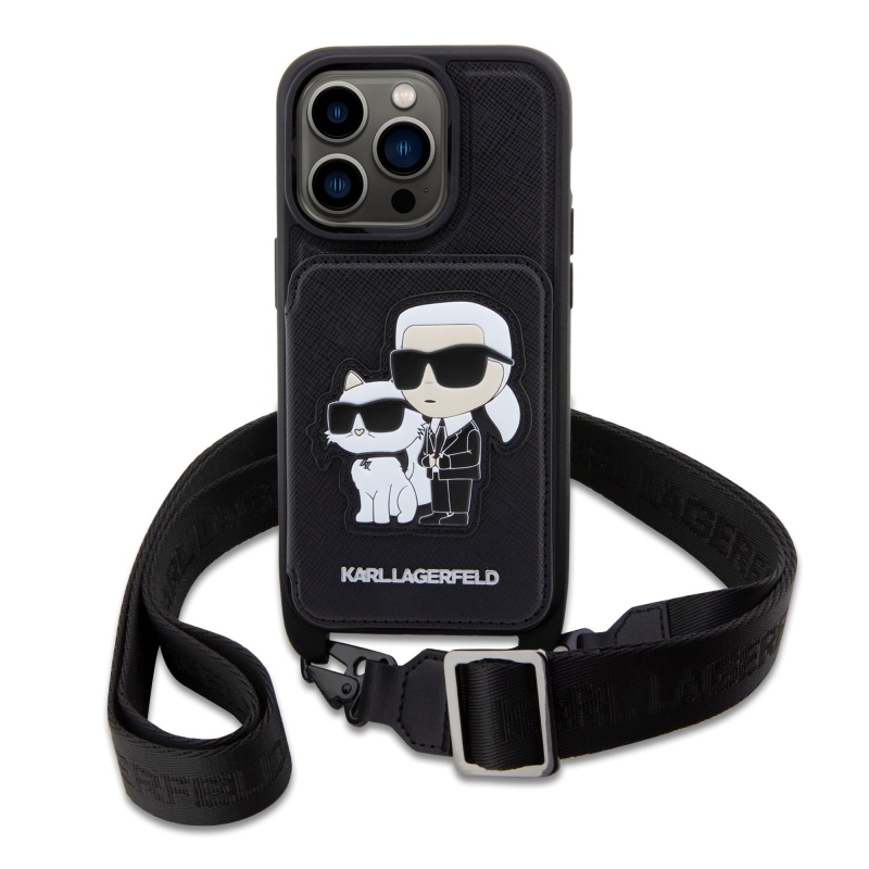 Karl Lagerfeld Saffiano Crossbody Karl és Choupette NFT borító iPhone 14 Pro Max-hoz Fekete