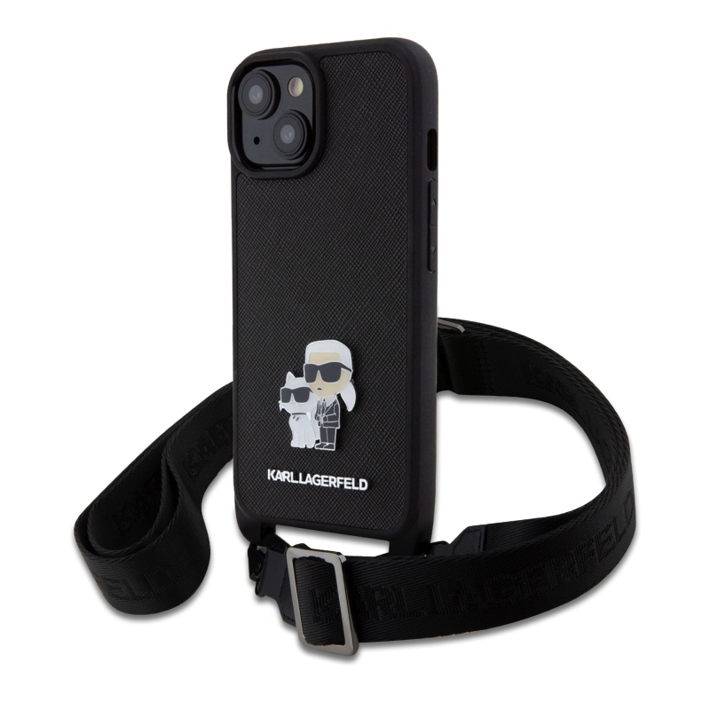 Karl Lagerfeld Saffiano Crossbody fém fém Karl és Choupette hátlap iPhone 15-hez fekete