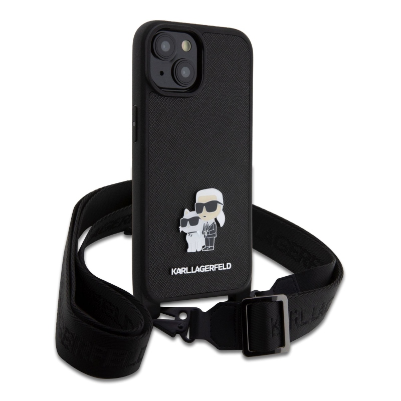 Karl Lagerfeld Saffiano Crossbody fém fém Karl és Choupette hátlap iPhone 15-hez fekete