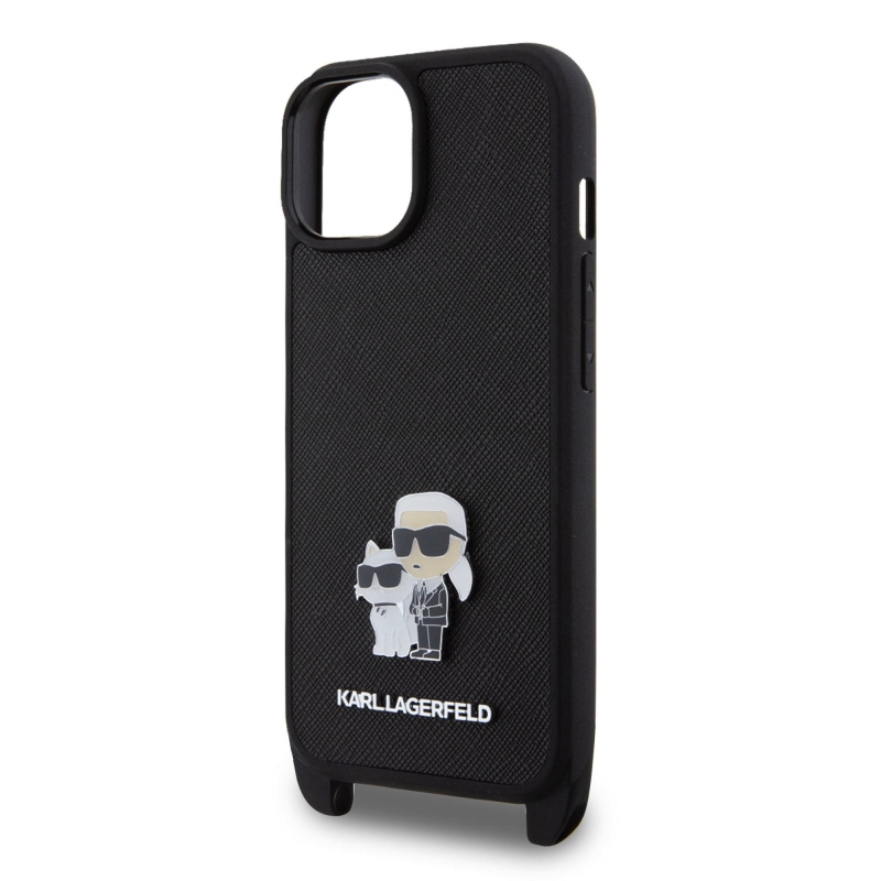 Karl Lagerfeld Saffiano Crossbody fém fém Karl és Choupette hátlap iPhone 15-hez fekete