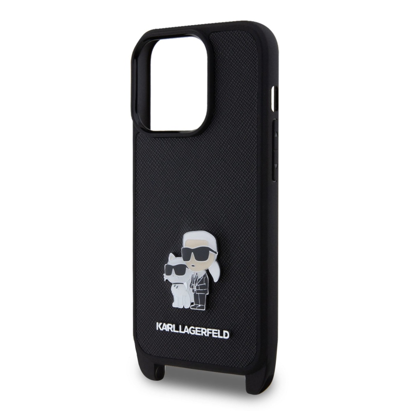 Karl Lagerfeld Saffiano Crossbody fém fém Karl és Choupette hátlap iPhone 15 Pro-hoz fekete
