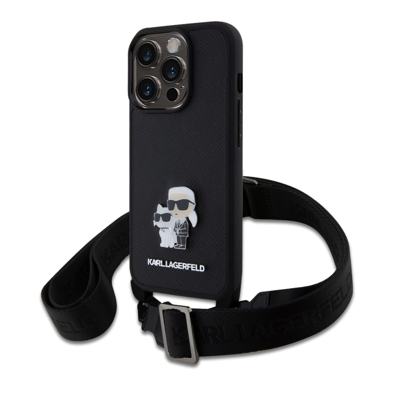 Karl Lagerfeld Saffiano Crossbody fém fém Karl és Choupette hátlap iPhone 15 Pro-hoz fekete