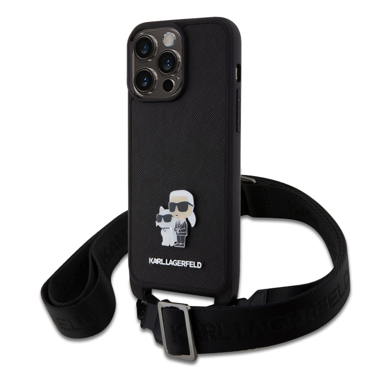 Karl Lagerfeld Saffiano Crossbody fém fém Karl és Choupette hátlap iPhone 15 Pro Max-hoz Fekete