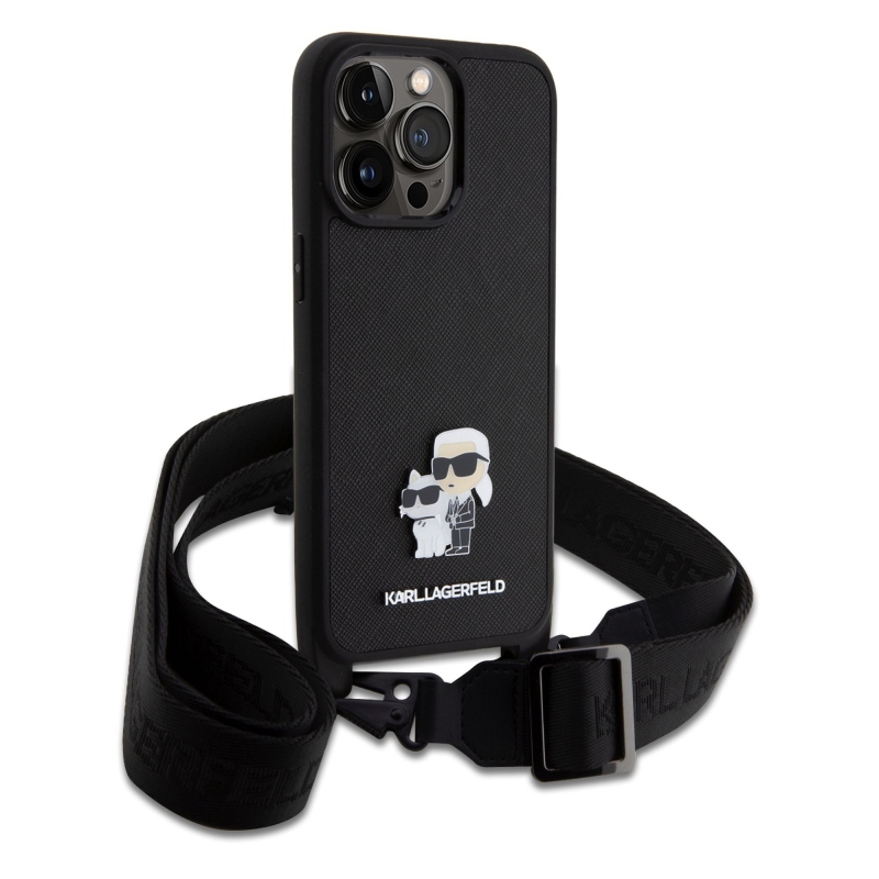 Karl Lagerfeld Saffiano Crossbody fém fém Karl és Choupette hátlap iPhone 15 Pro Max-hoz Fekete