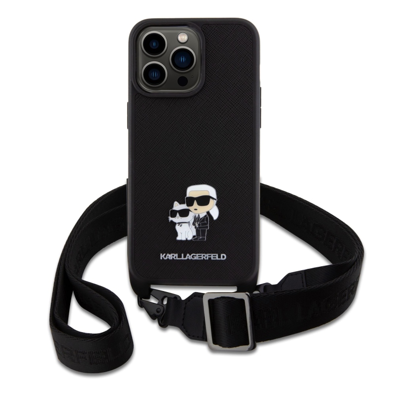 Karl Lagerfeld Saffiano Crossbody fém fém Karl és Choupette hátlap iPhone 15 Pro Max-hoz Fekete