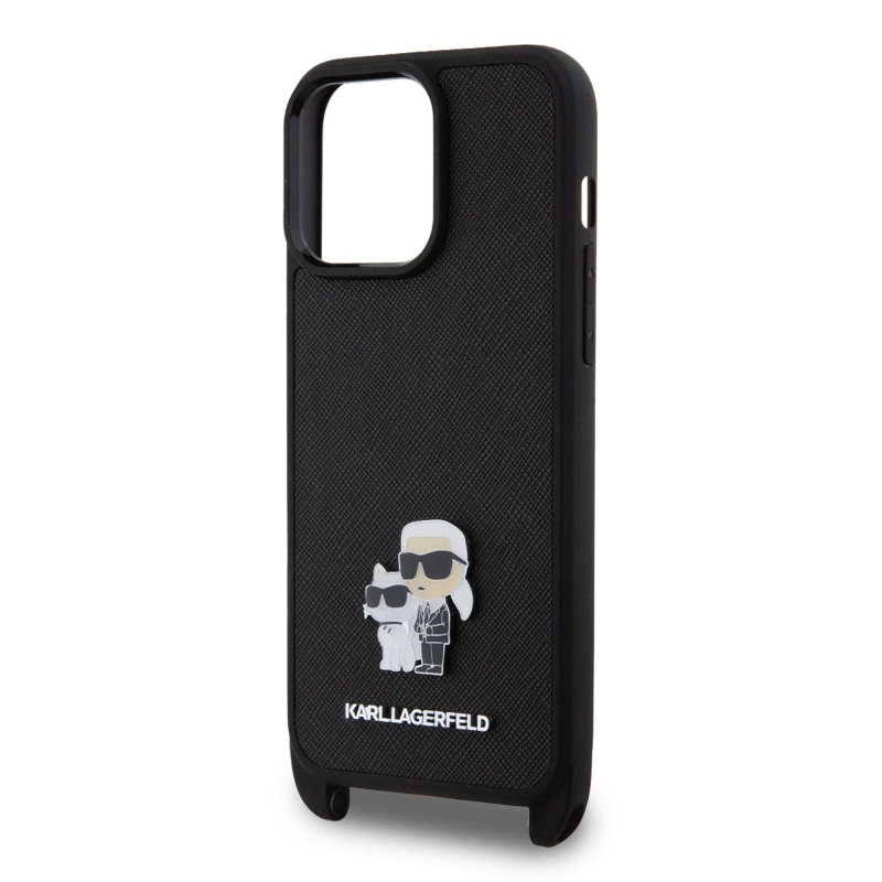 Karl Lagerfeld Saffiano Crossbody fém fém Karl és Choupette hátlap iPhone 15 Pro Max-hoz Fekete