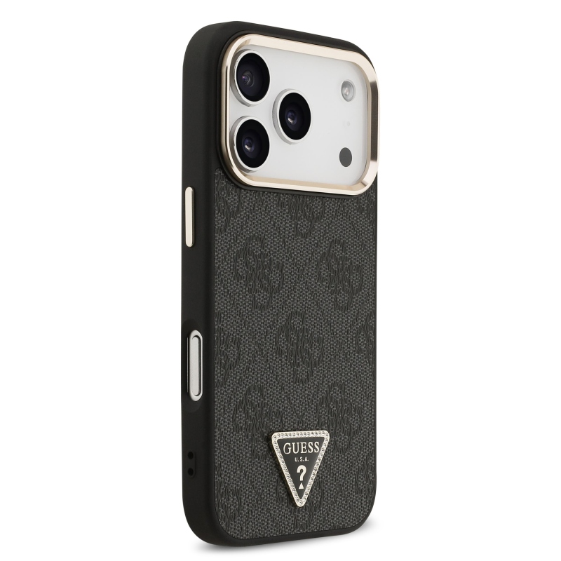 Guess PU bőr 4G Strass háromszög logó arany keret MagSafe hátlap iPhone 17 Pro Fekete fekete