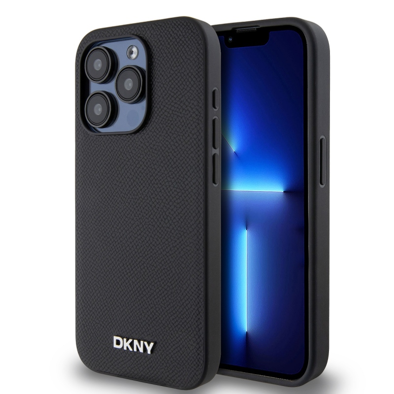 DKNY PU bőr ezüst fém logó Magsafe hátlap iPhone 15 Pro Fekete