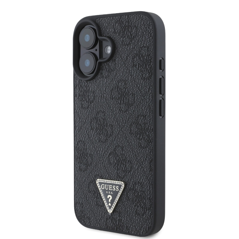 Guess PU 4G Strass háromszög fém logó hátlap iPhone 16-hoz Fekete
