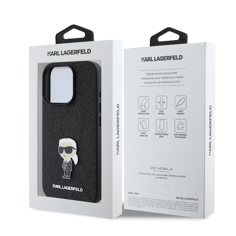 Karl Lagerfeld Fixed Glitter Metal Ikonik hátlap iPhone 16 Pro Fekete